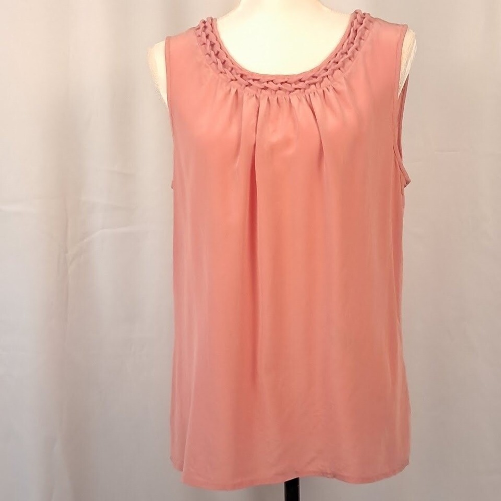 TALBOTS M 100% Silk Sleeveless Blouse Braided Neckline Button Back Dusty Pink